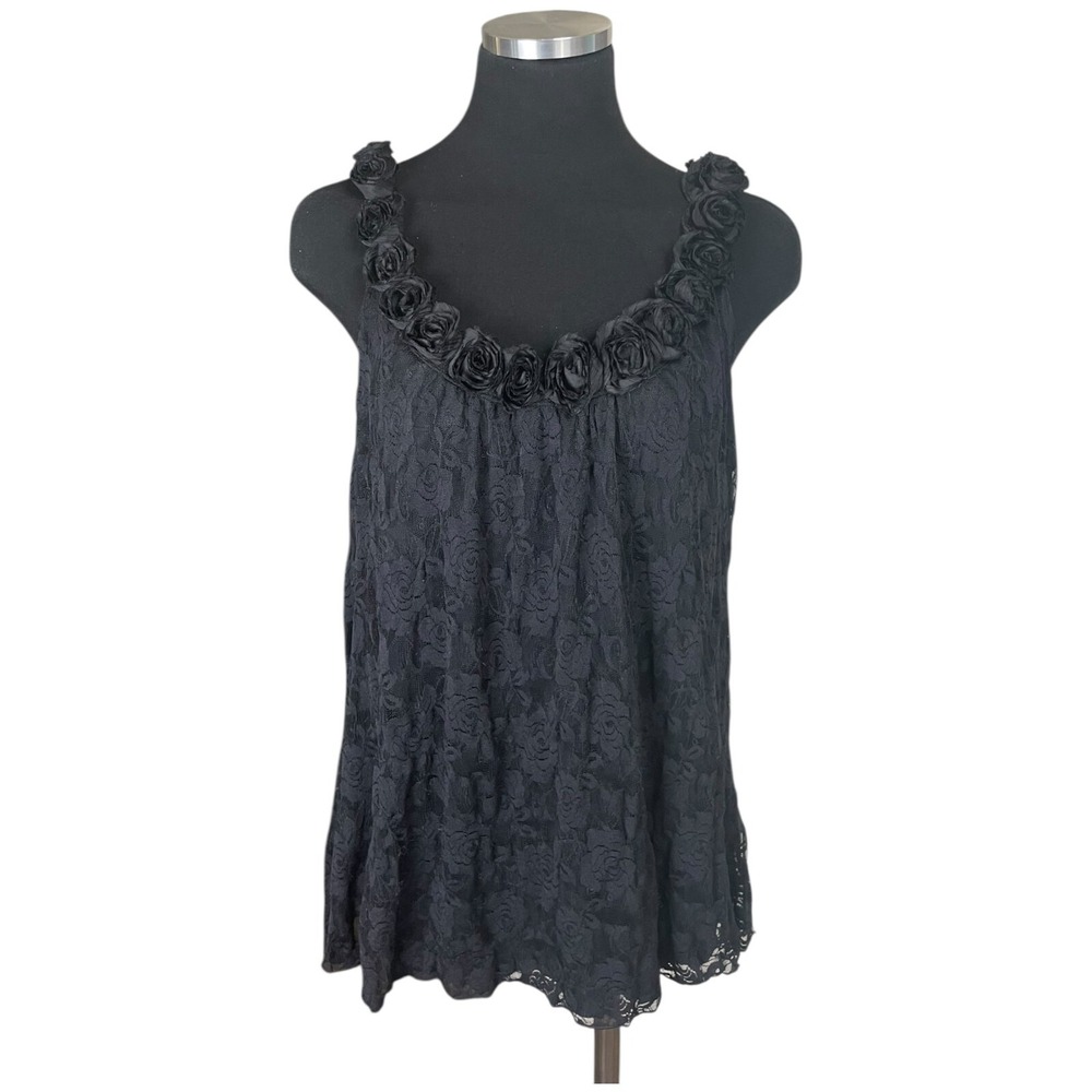 Vtg Fashion Bug Y2K Babydoll Top XL Black‎ Lace Whimsigoth Witchy Dark Romantic